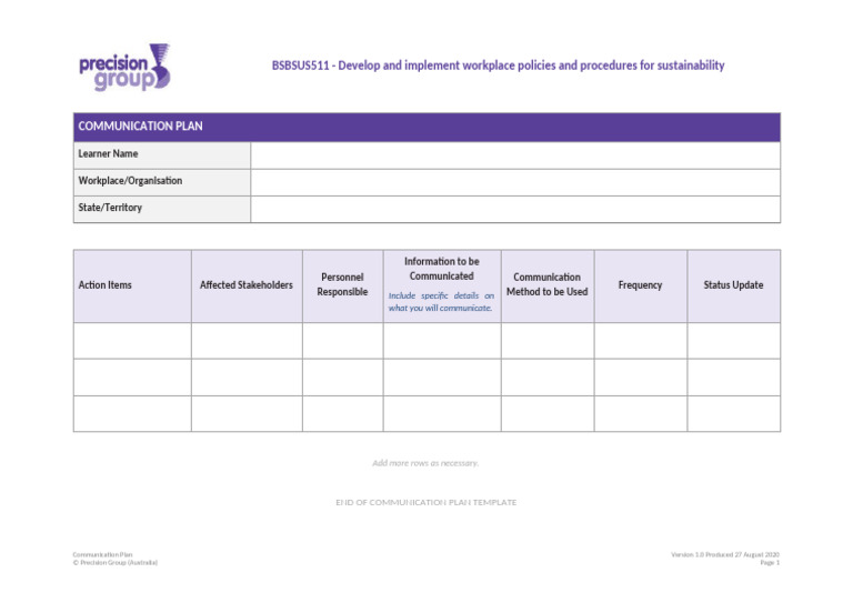 SUS511 Generic Communication Plan | PDF