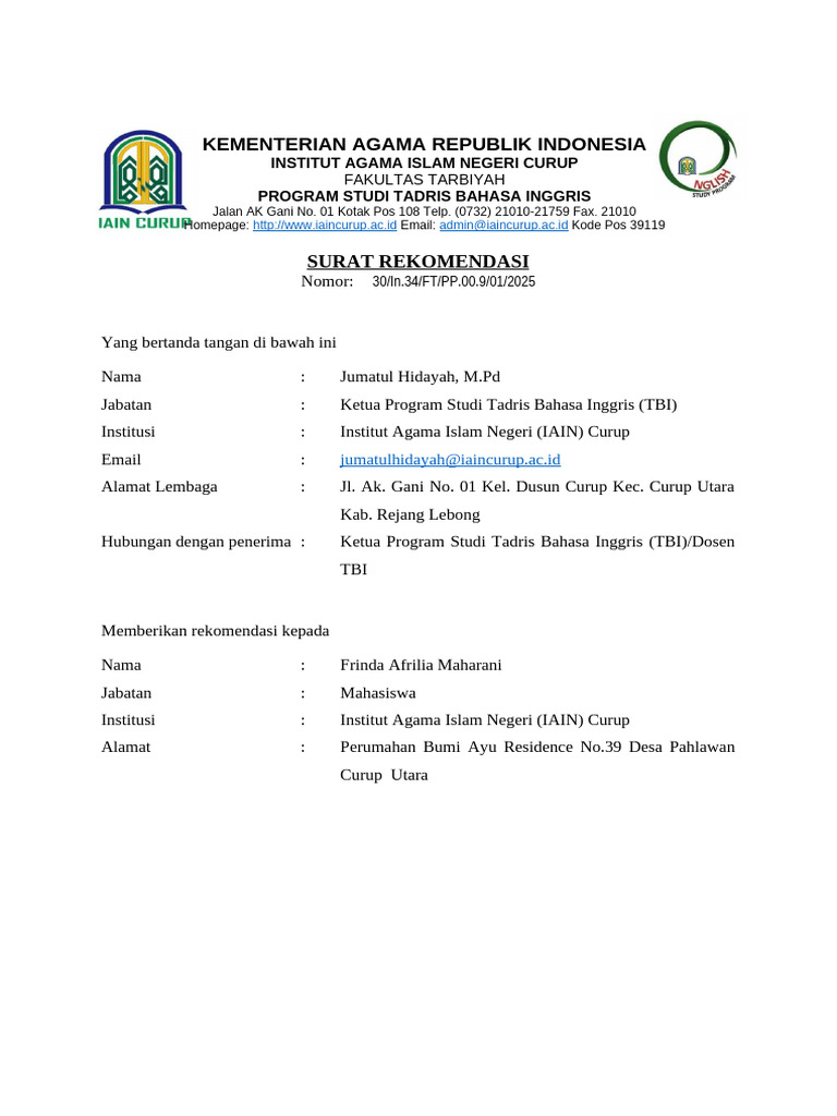 Contoh SURAT REKOMENDASI | PDF