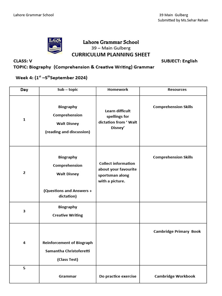 Week 4 - Lesson Plan Grade 5 2024 | PDF | Reading Comprehension ...