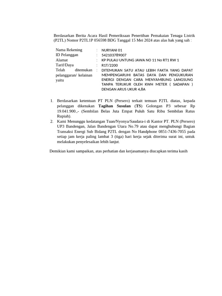 Pelanggaran Pemakaian Listrik P2TL 2024 | PDF