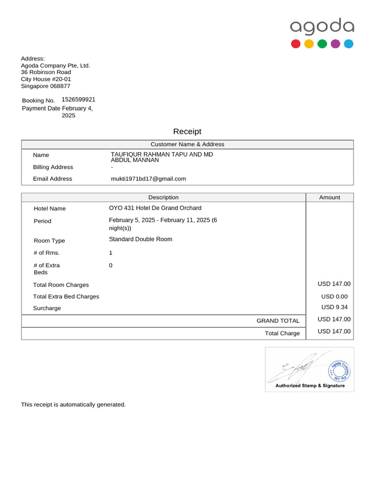 Agoda Receipt for OYO 431 Booking | PDF