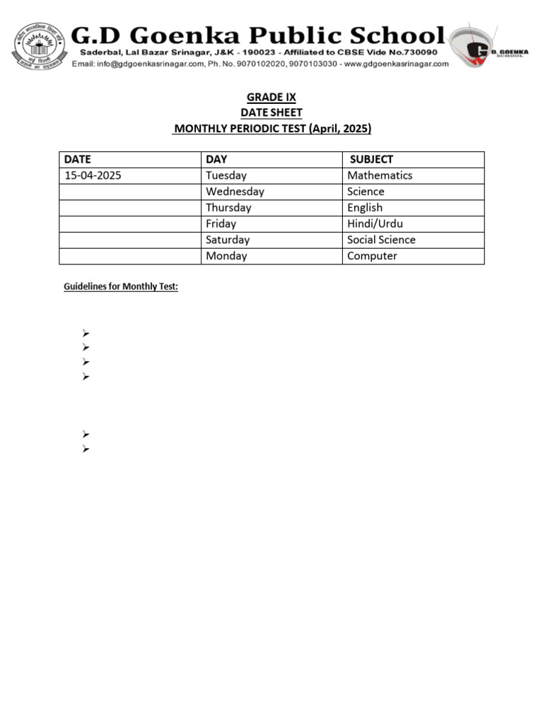 DateSheet Grade 9 April MT 2025 | PDF