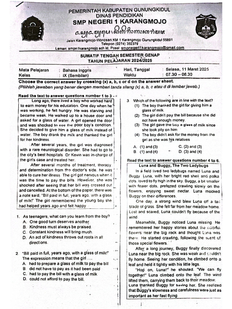 SUMMATIVE MID SEMESTER (Even) Grade 9 | PDF