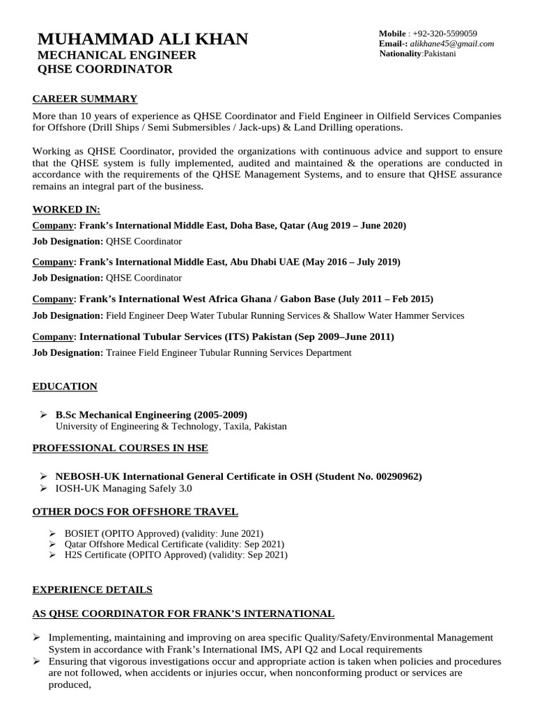 Muhammad Ali Khan CV - HSE Department | PDF | Audit | Regulatory Compliance