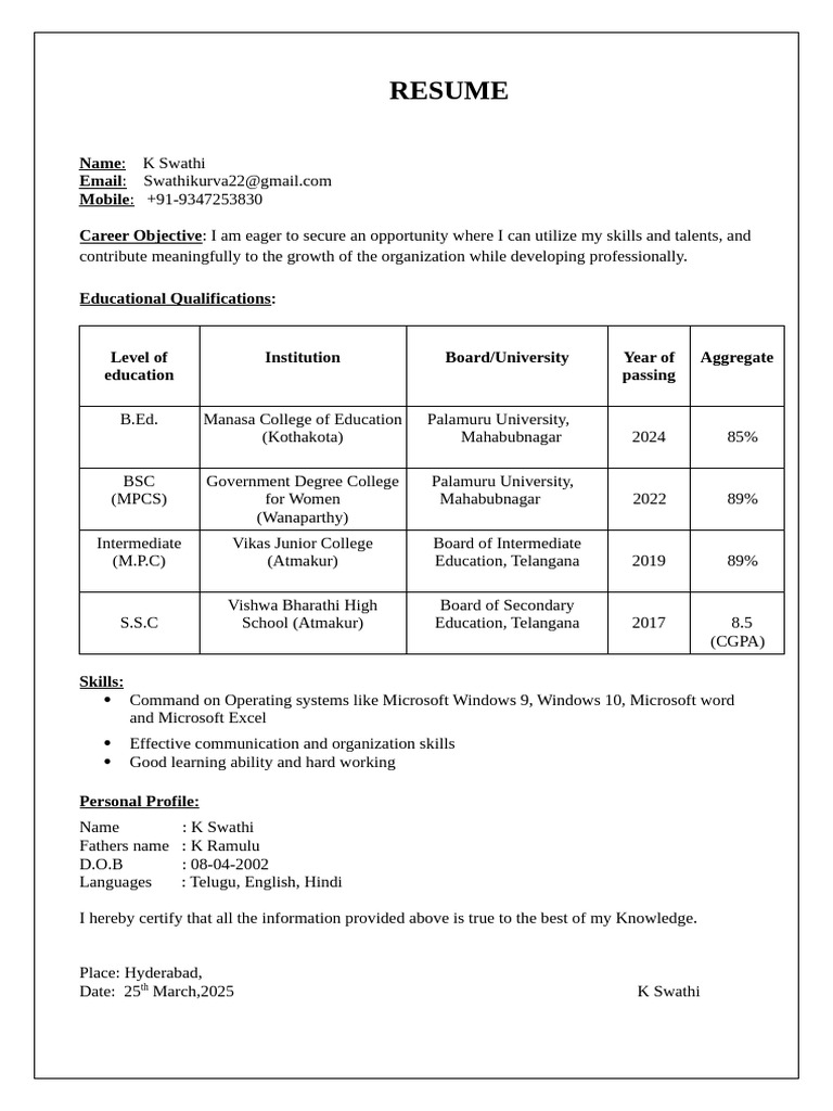 K Swathi's Resume Overview | PDF