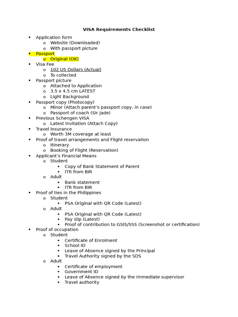 VISA Requirements Checklist | PDF | Travel Visa | Birth Certificate