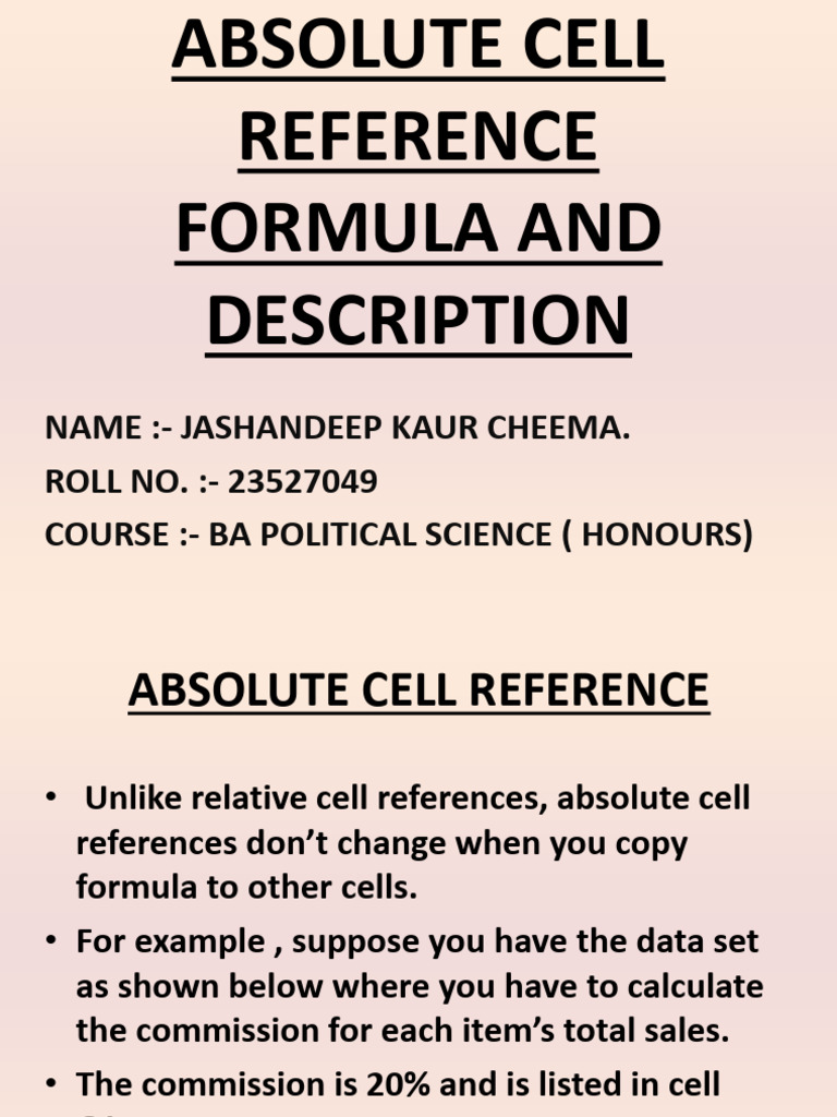 Absolute Cell Reference Formula and Description | PDF