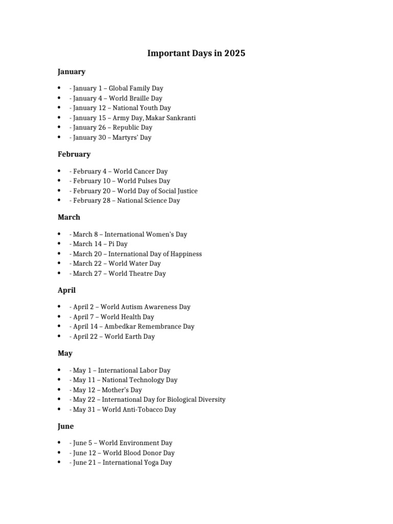 Important Days in 2025 Overview | PDF