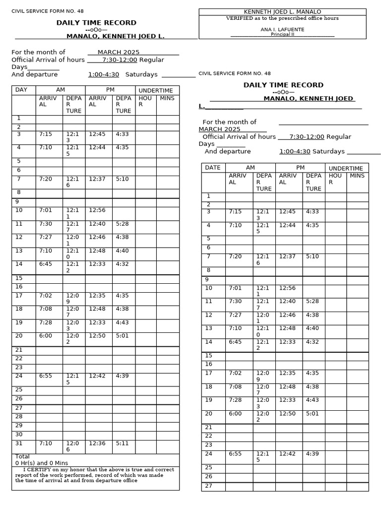 Daily Time Record for March 2025 | PDF
