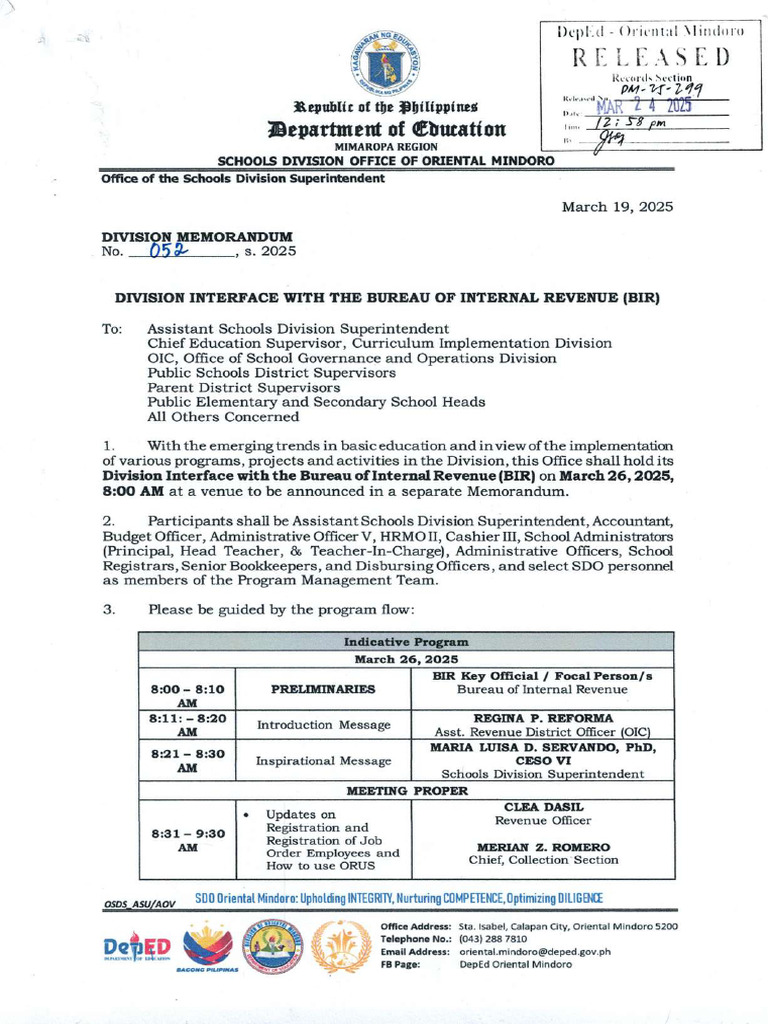 DM052 Division Interface With The Bureau of Internal Revenue (BIR ...