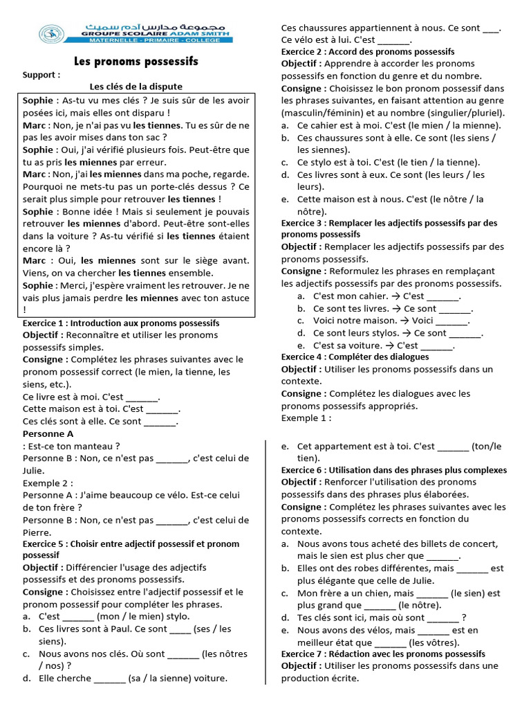 Exercices sur les pronoms possessifs | PDF | Pronom | Genre grammatical