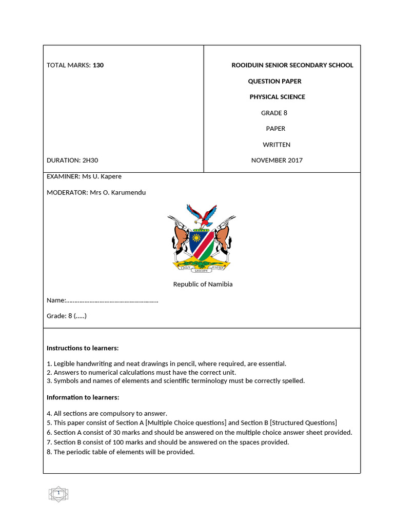 Platinum Physical Science Copy Grade 8 - Examination | PDF | Atoms | Proton