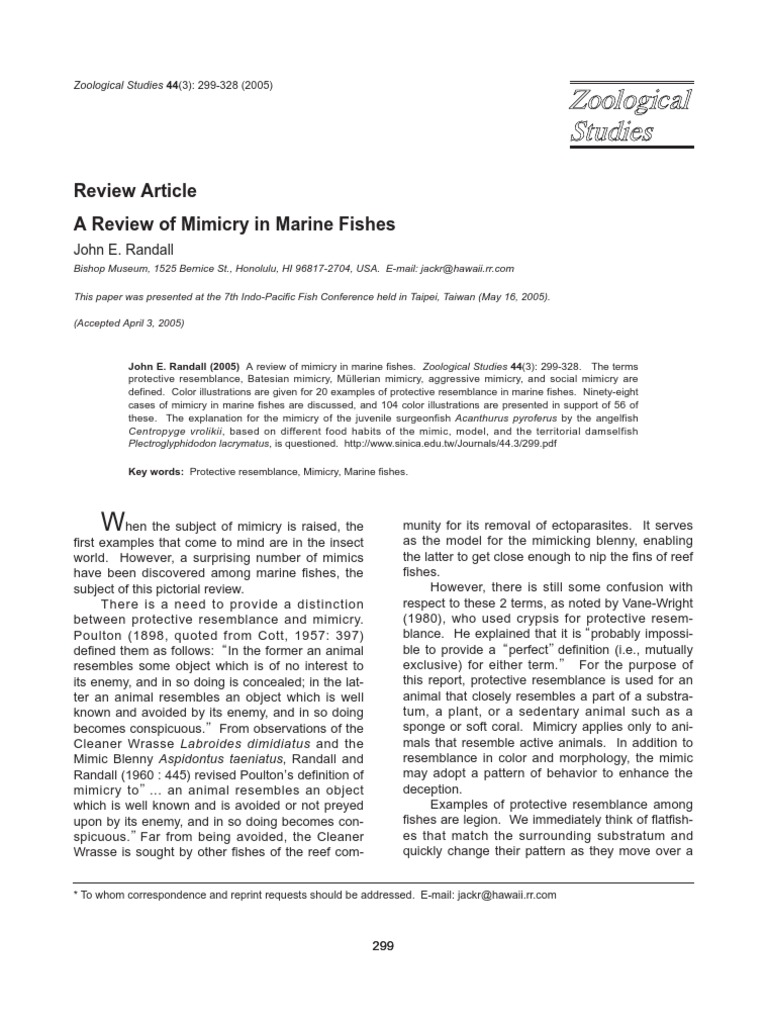 Mimicry in Marine Fishes: A Review | PDF | Mimicry | Perciformes