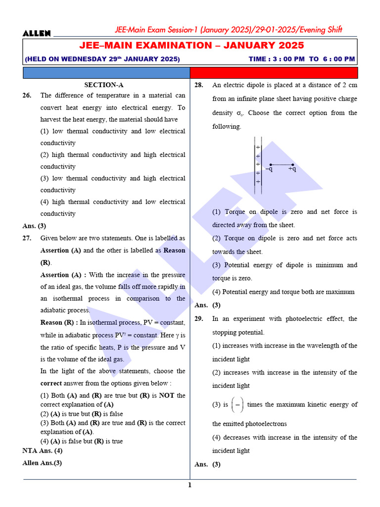 JEE Main Physics Test Paper January 2025 | PDF | Electrical Resistivity ...