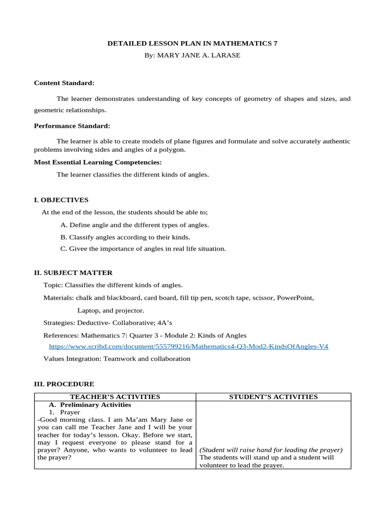 Detailed Lesson Plan in Mathematics 7 | PDF | Learning | Geometry