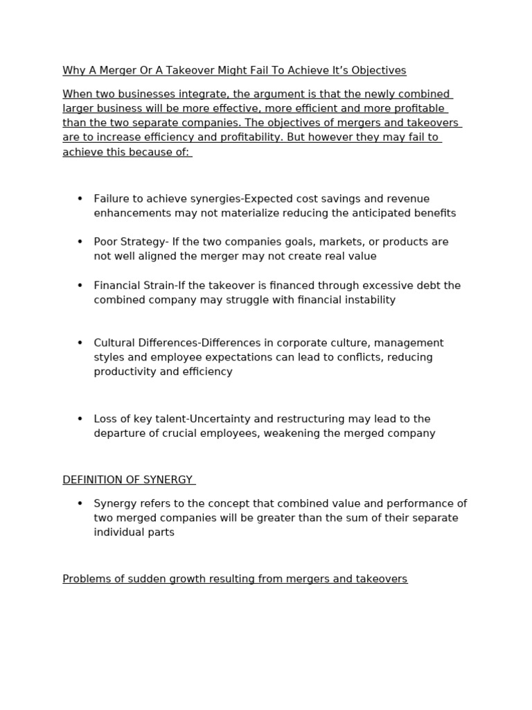 Reasons Mergers and Takeovers Fail | PDF | Mergers And Acquisitions ...