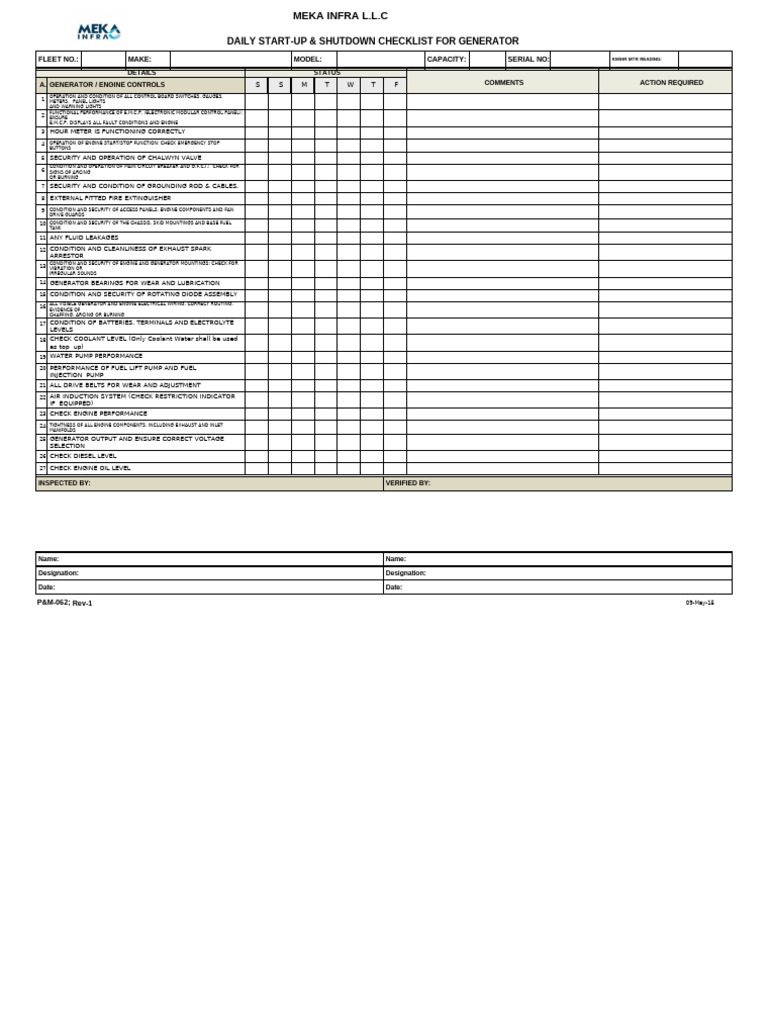 Daily Generator Start-Up Checklist | PDF | Electric Generator | Engines