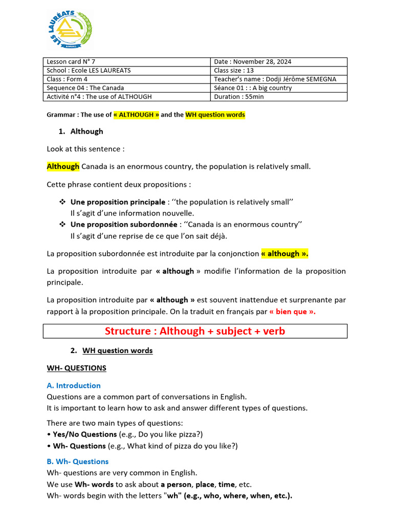 Grammar Lesson: Although & WH Questions | PDF | Question | Grammatical ...