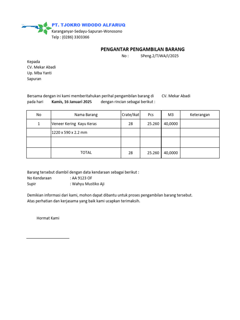 Surat Pengambilan barang | PDF