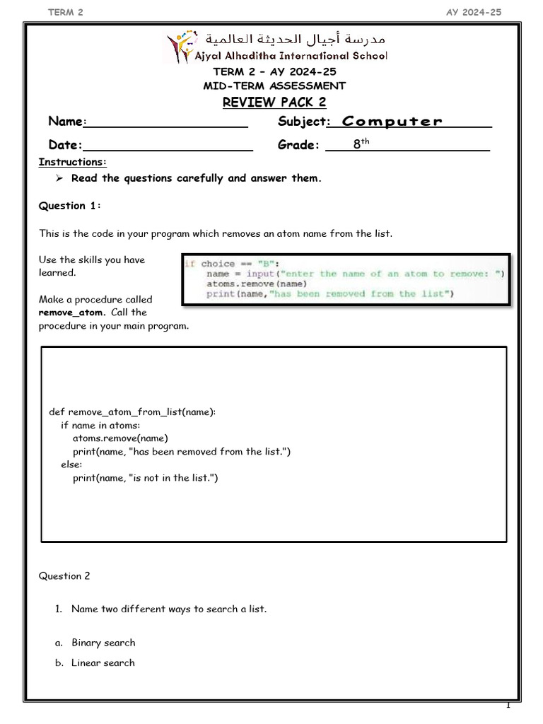 2nd Term Assessment Revision Compt 8 (2) (Answer Key) | PDF | Control ...