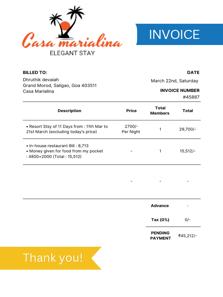 Invoice for Resort Stay and Expenses | PDF