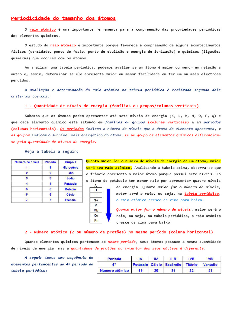 Periodicidade Do Tamanho Dos Átomos | PDF | Átomos | Tabela periódica