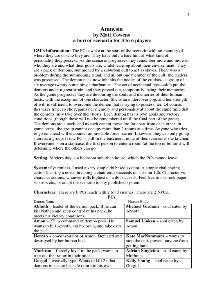 Amnesia: Demonic Possession RPG Scenario | PDF | Bathroom | Demons