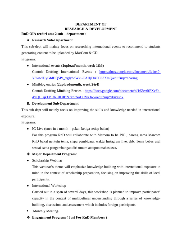 R&D Department Programs Overview | PDF