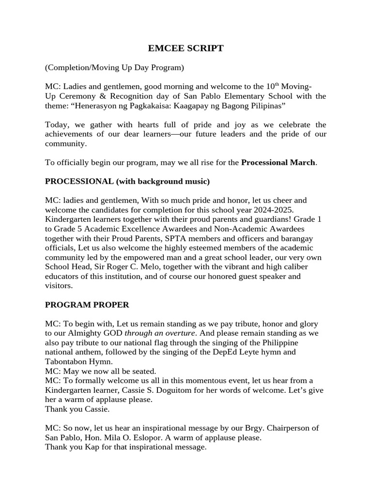 Moving Up Ceremony Script 2024-2025 | PDF