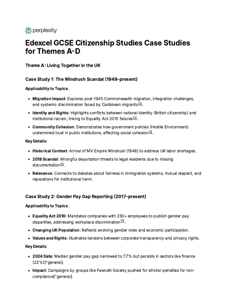 Edexcel GCSE Citizenship Case Studies 2024 | PDF | Immigration | Brexit