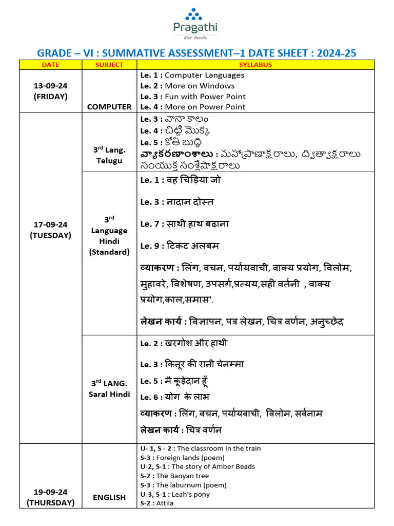 6 Class - SA 1 - Datesheet 24 | PDF