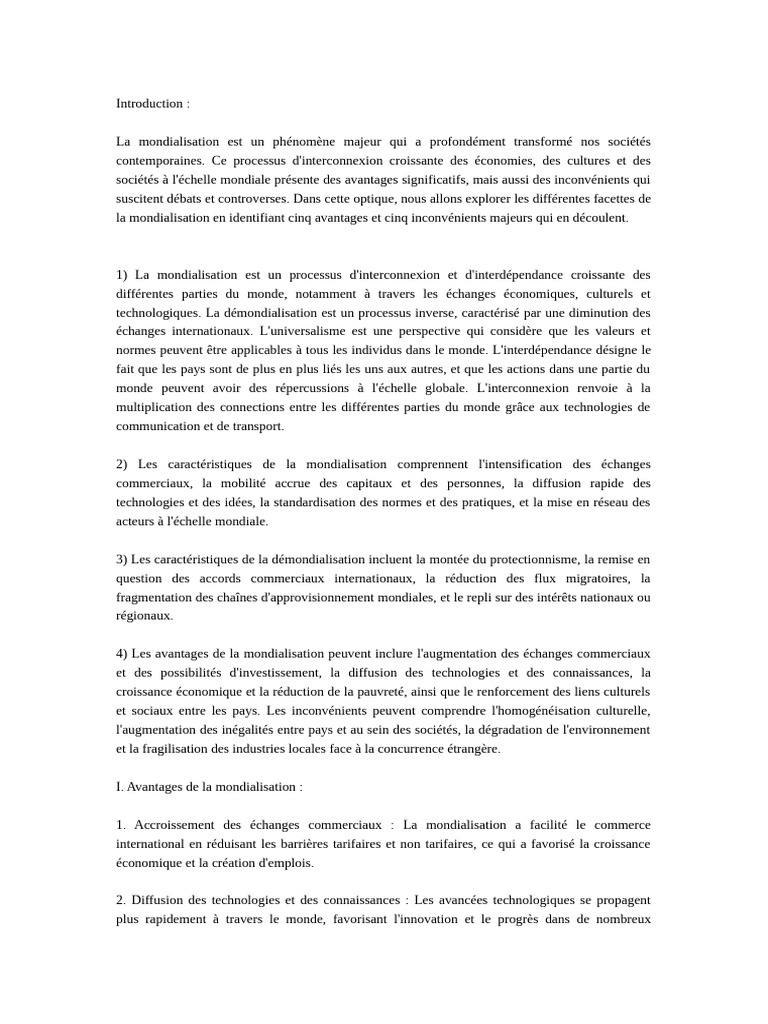 Avantages et inconvénients de la mondialisation | PDF | Globalisation ...