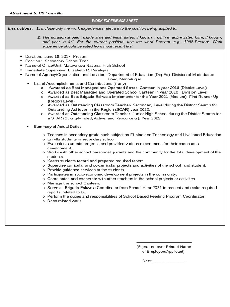 Work Experience Sheet for Teachers | PDF | Teaching | Learning