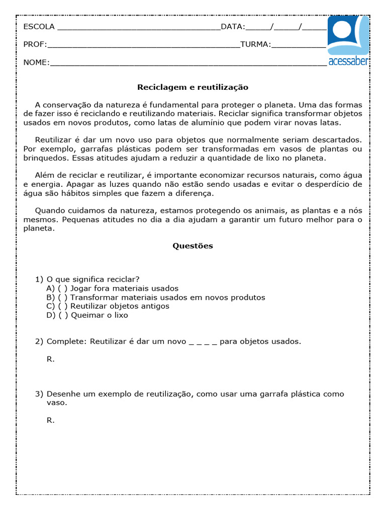 Atividade de Ciencias Reciclagem e Reutilizacao 3 e 4 Ano para Imprimir ...