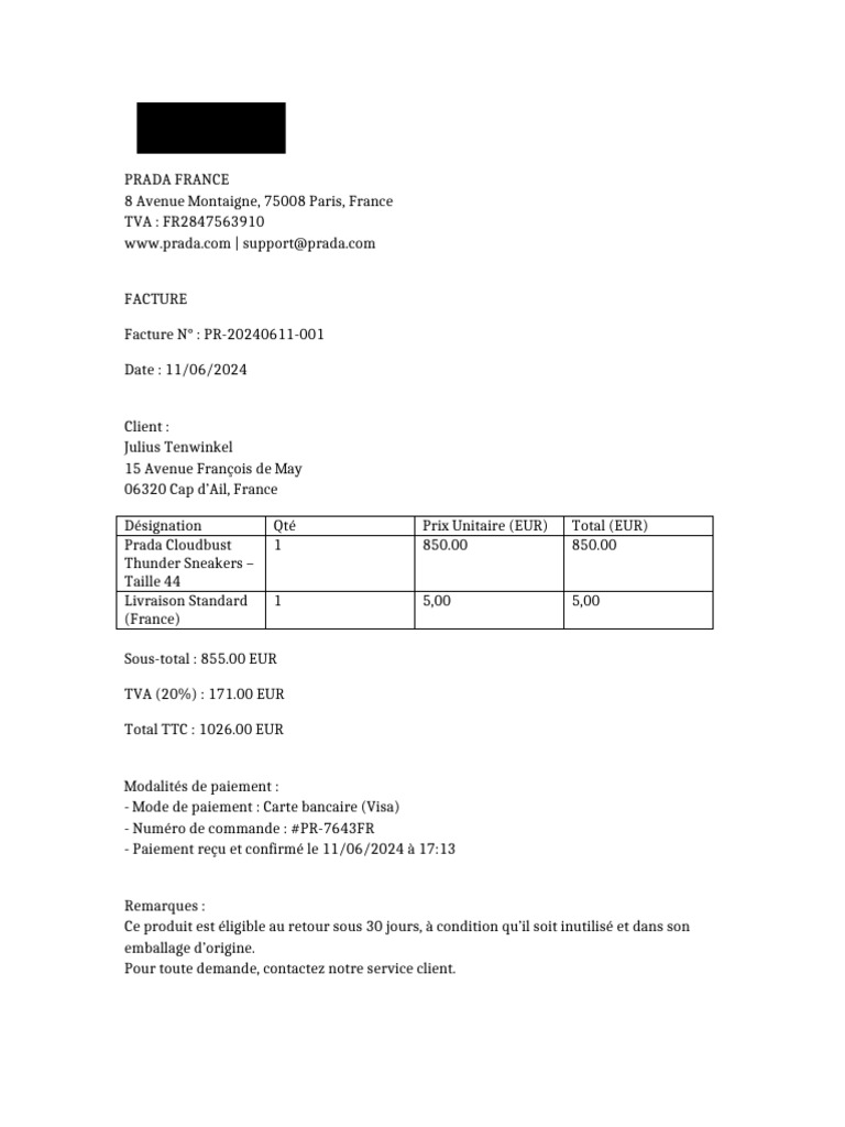 Facture PRADA - 11 Juin 2024 | PDF