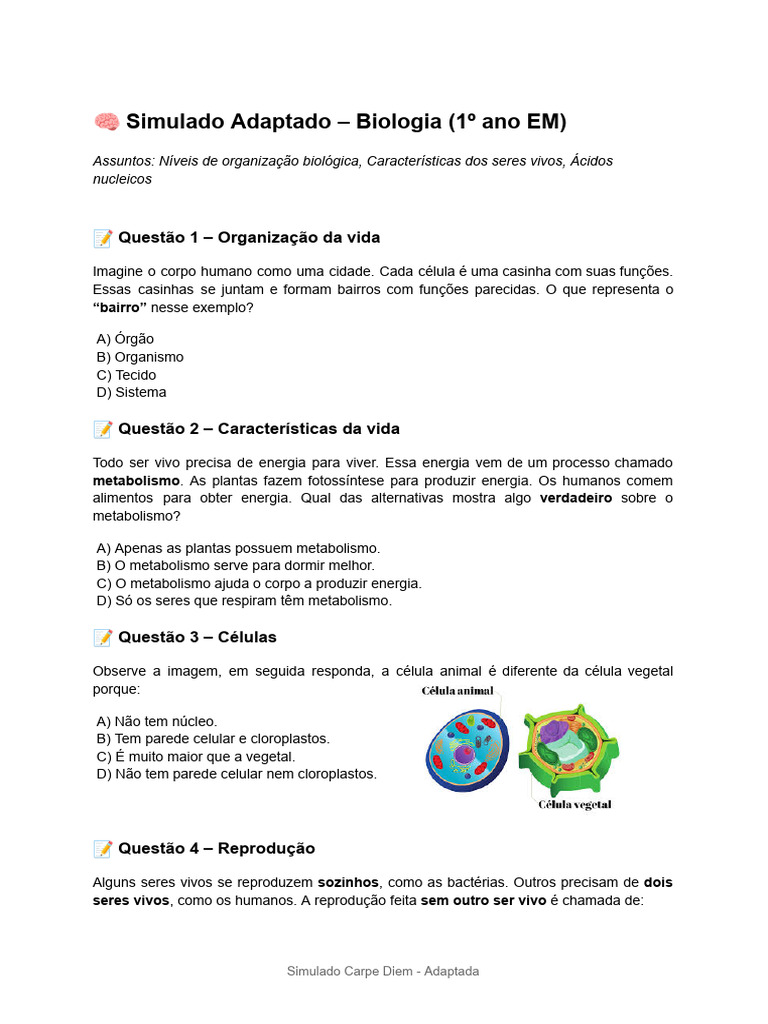 Simulado de Biologia para 1º EM | PDF | Organismos | Célula (Biologia)