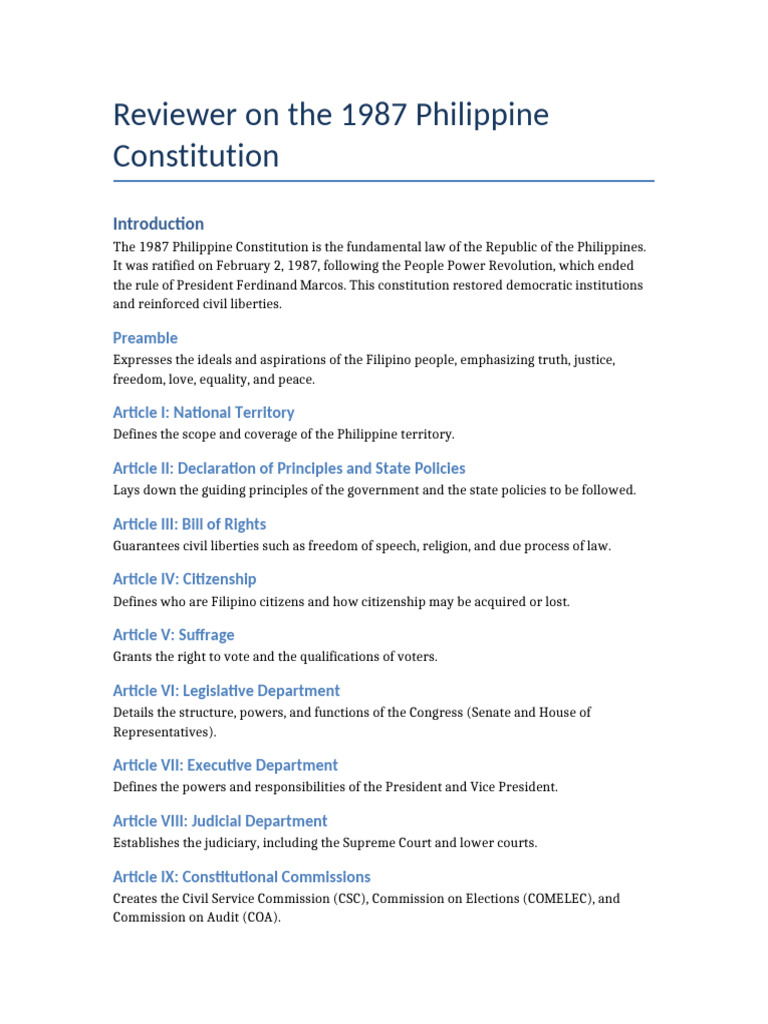 Overview of the 1987 Philippine Constitution | PDF | Government | Justice