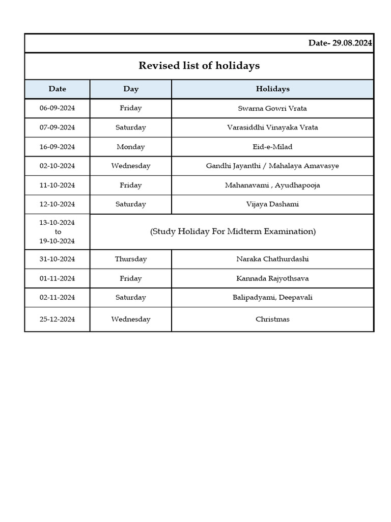 Midterm Holidays and 2024 Calendar | PDF
