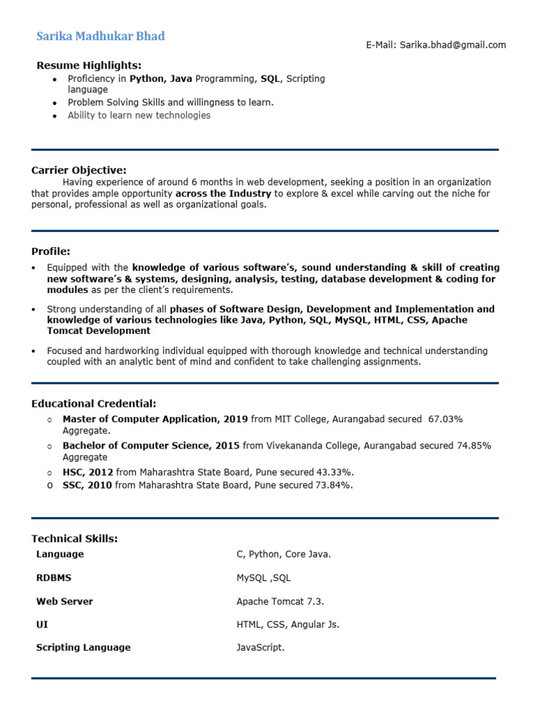 Sarika Bhad CV 1620666644 | PDF | My Sql | Java Script