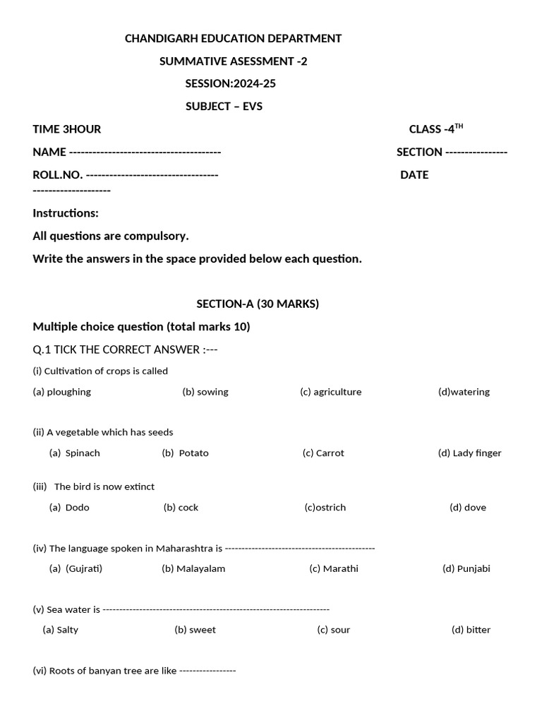 4th Class EVS Summative Assessment 2024-25 | PDF | Foods