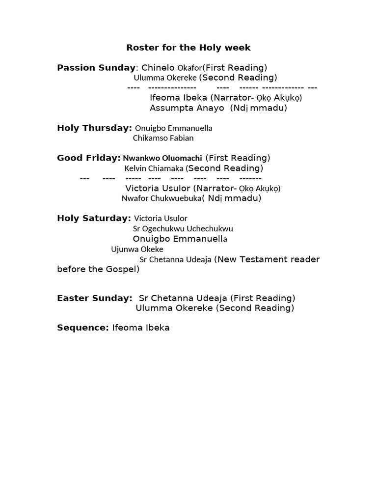 Holy Week Roster and Readings | PDF