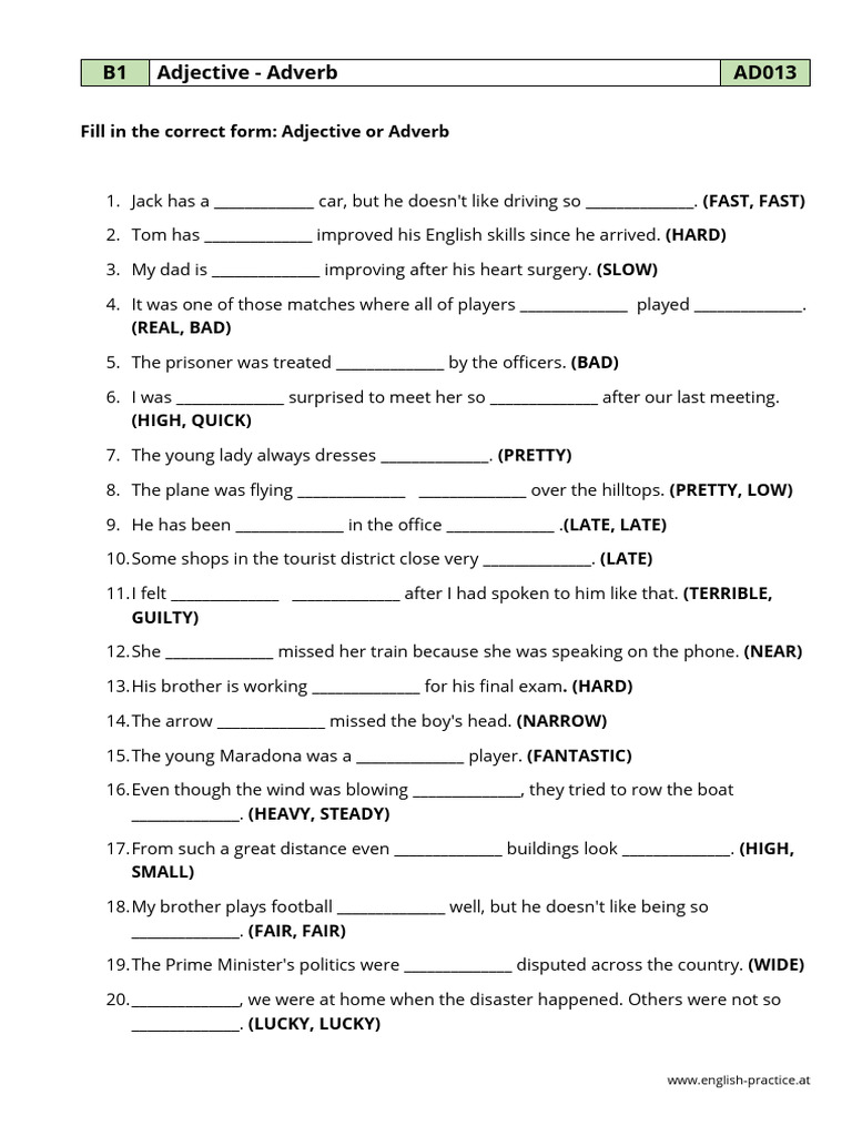 Adjective and Adverb Exercises AD013 | PDF