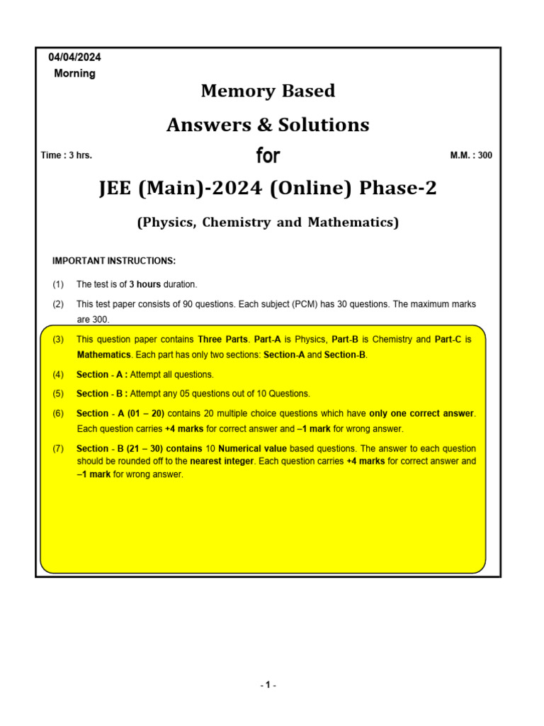 JEE Mains 2024 Shift 1 Question Paper | PDF | Acceleration | Force