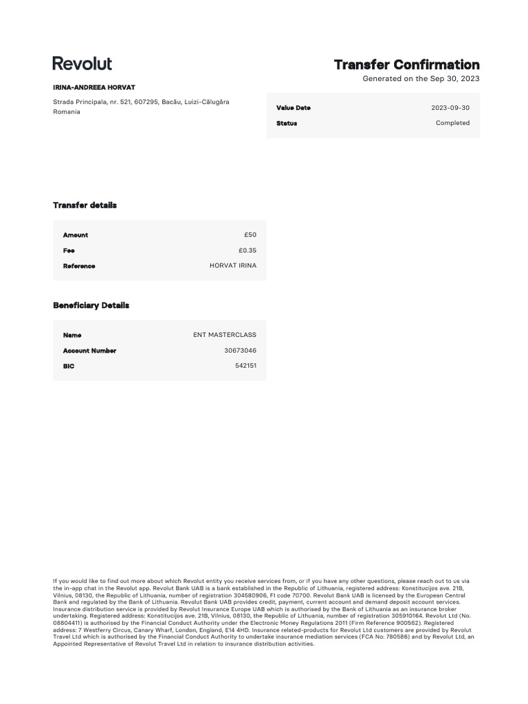 Transfer Confirmation For Revolut Account PDF Banks Insurance