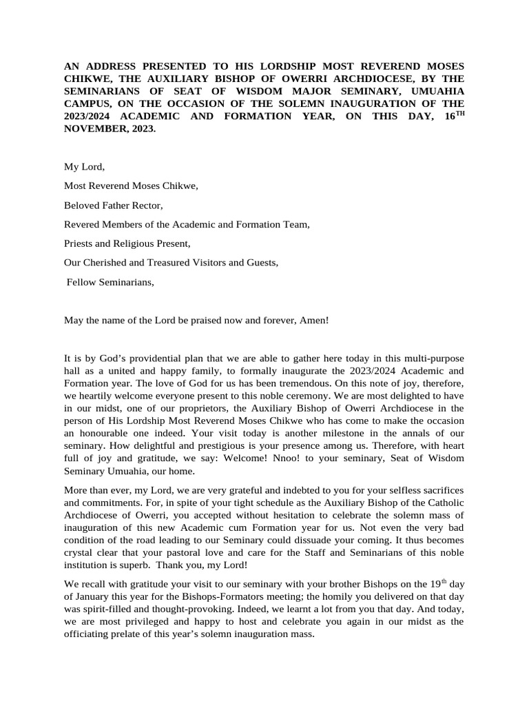 An Address Presented To The Auxiliary Bishop of Owerri Archdiocese ...