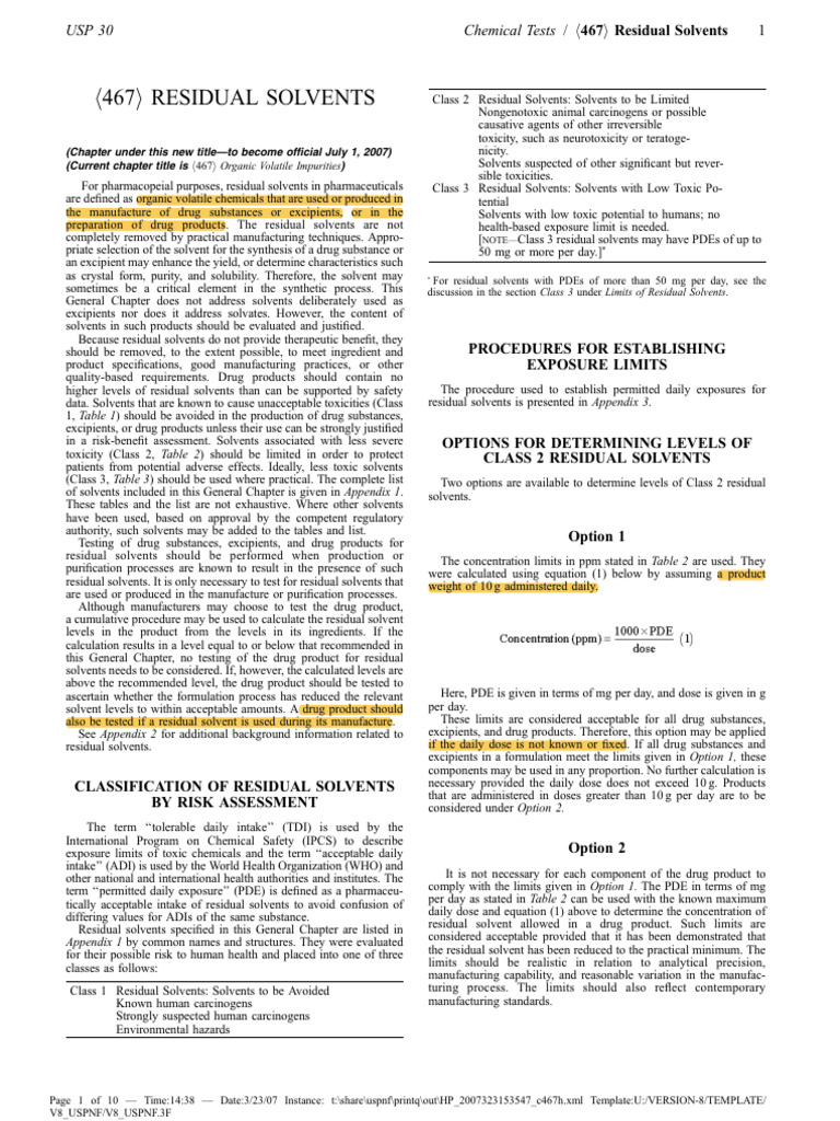 Residual Solvents in Pharmaceuticals | PDF | Chromatography | Solvent