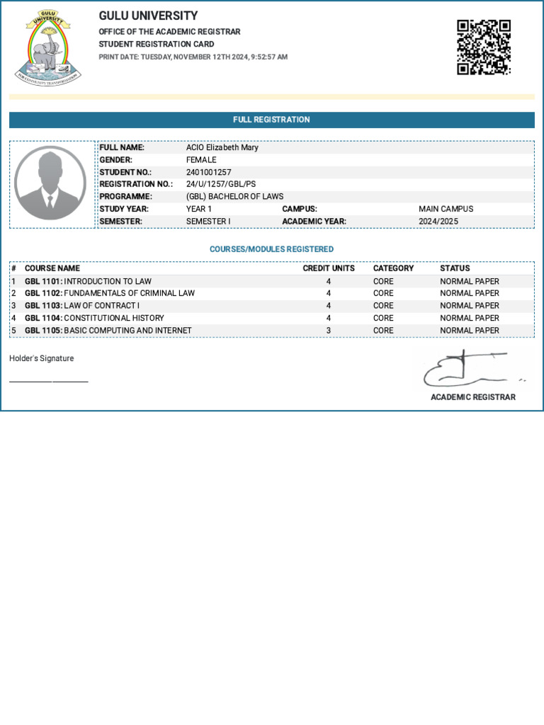 Gulu University Student Registration Card | PDF