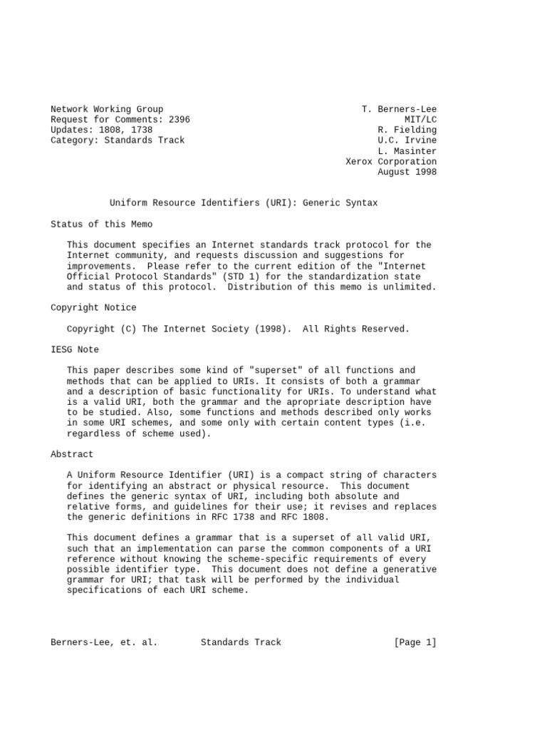 RFC 2396 | PDF | Uniform Resource Identifier | Character Encoding