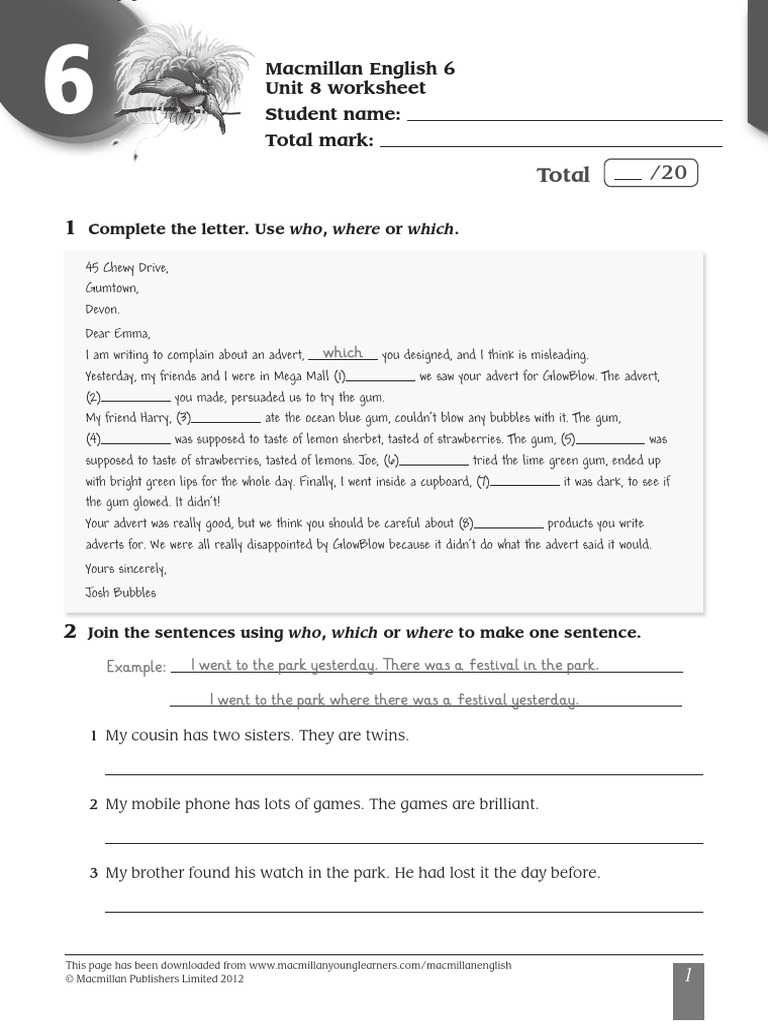 Unit 8 Worksheet for Class 6 English | PDF