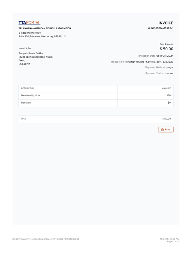 Telangana American Telugu Association Invoice | PDF